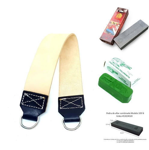 Imagem 2 de 10 de Kit Afiação Faca Strop Couro, Pedra Carborundum, Pasta Polir