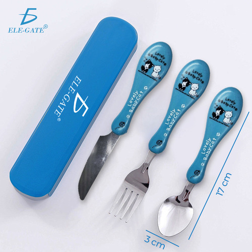 Set De Cubiertos De Acero Inoxidable Ergonómico con Estuche Ideal Para Niños Color Azul Ele-Gate