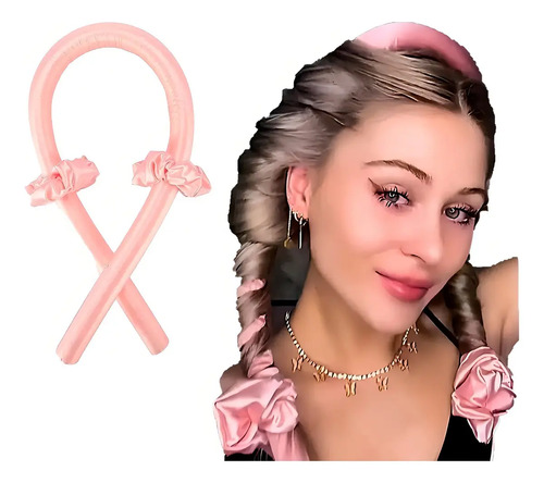 Modelador de Cachos Noturno de Cetim Sem Calor Rosa Bebê + 2 Scrunchies
