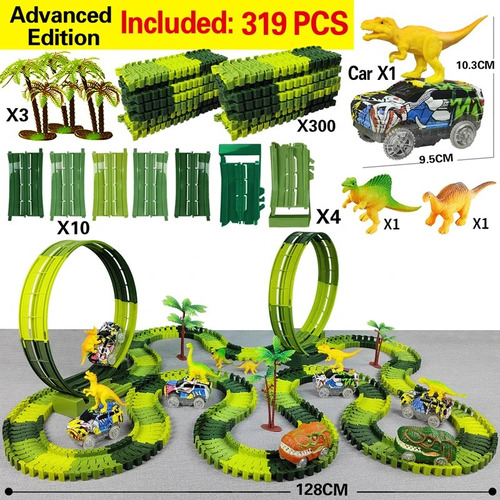 Pista Carro Dinossauros Looping Parque Jurassico 319 Peças Cor Verde