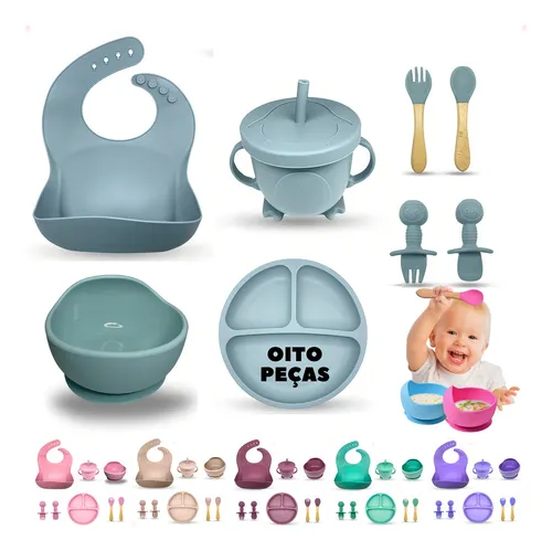 Kit Refeição Bebê Prato Babador Copo Talher Silicone Ventosa Cor ...