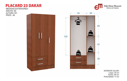 Placard Mosconi Dakar Placard 23 color blanco de mdp con 3 puertas batientes