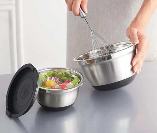 Set De 3 Bowls De Acero Inoxidable Con Tapa, Antideslizantes