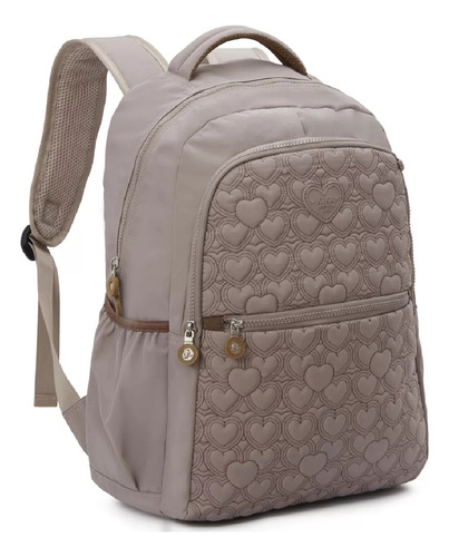 Mochila Kika Feminina Estampa Coração Com Chaveiro Pompom Cor Bege