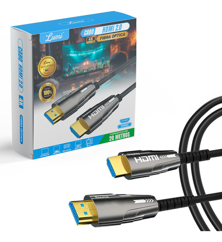 Cabo Fibra Óptica Hdmi 2.0 4k 60hz/18gbps 20 Metros Lumi