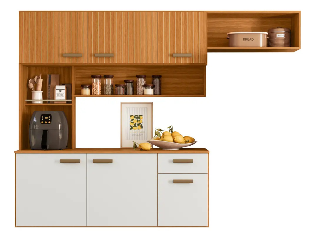 Cozinha Suspensa 6 Portas E 1 Gaveta Manu Luxo Cor Freijó Uv Ripado / Off White Acetinado M Casa Móveis
