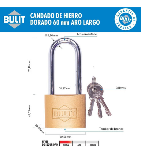 Imagen 2 de 3 de Candado De Hierro Dorado Bulit N° 60 Aro Largo