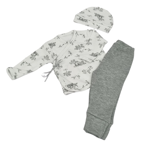 Ajuar 3 Piezas Bebe Recien Nacido Con Bata, Pantalon Y Gorro Bosque Rn