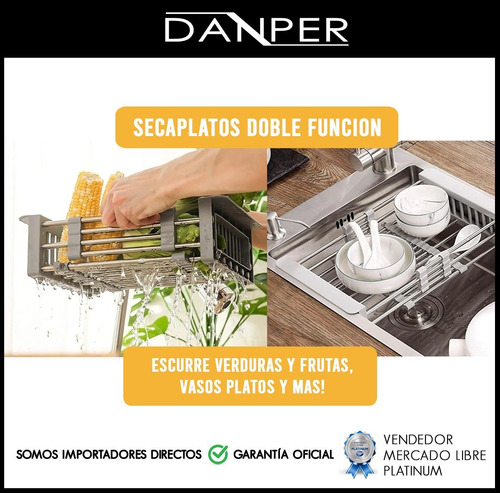 Imagen 4 de 10 de Secaplatos Extensible Para Bacha Pileta Escurridor Vasos Verduras Frutas Platos Acero Secaplato