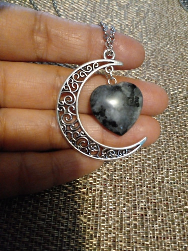Collar Labradorita Corazon Con Aretes Luna Estilo Filigrana