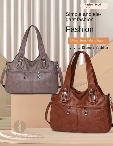 Cartera Bolso De Mujer Grande Estilo Básico De Eco Cuero Violeta Liso Cromado Violeta
