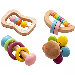 4pc Organic Colorful Baby Rattle Set Safe Food Grade Wo...