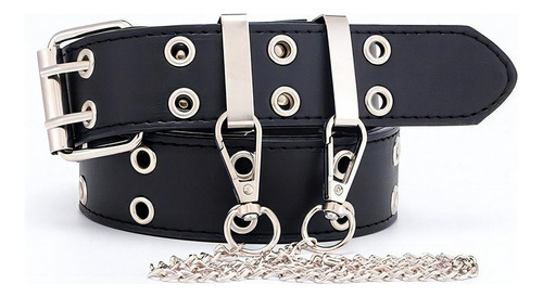Versátil cinturón negro de doble botonadura decorado con cadena de metal, talla única