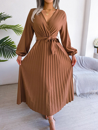 Elegante Vestido Plisado Con Cuello En V Cruzado For Mujer