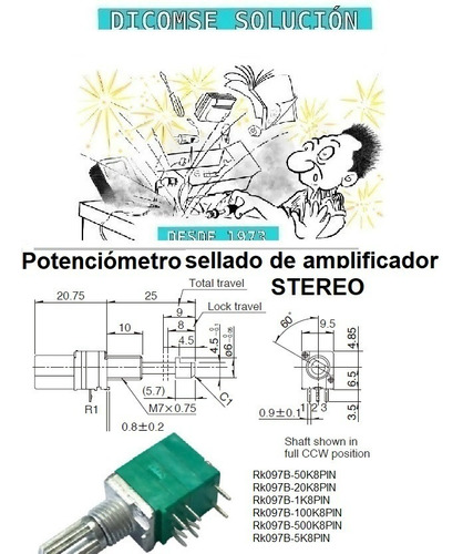 Potenciometro  Stereo Lineal 50k Rk097, 8 Pines