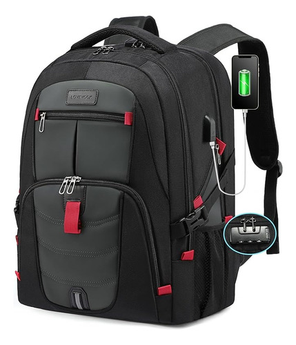 Mochila De Viaje Con Cerradura 17'' Con Usb -importada Color Gris Oscuro Diseño De La Tela Lisa