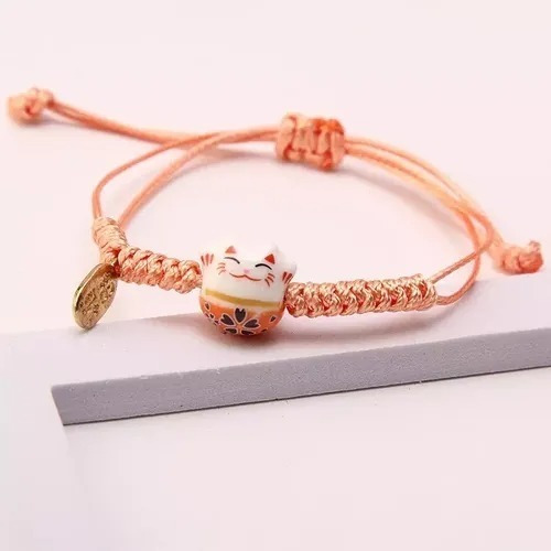 Pulsera De La Suerte Gatito Maneki Neko Naranja Protección