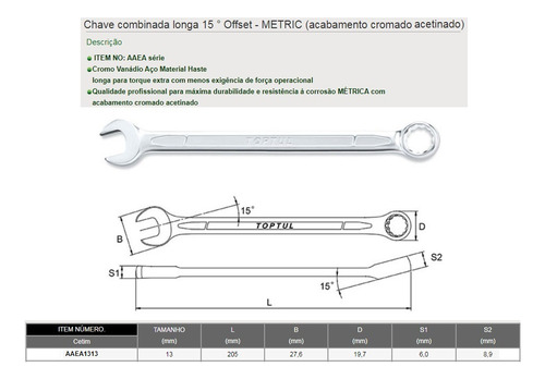 Chave Combinada 13 Mm Extra Longa 205 Mm 15° Aaea1313 Toptul