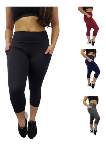 Kit 03 Legging Capri Corsário Academia Com Bolso Lateral