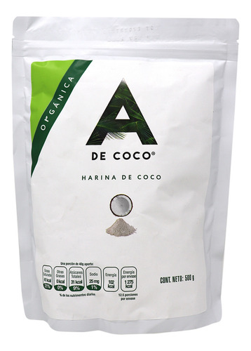 Imagen 1 de 6 de A De Coco, Harina De Coco Orgánico, 500 Gramos