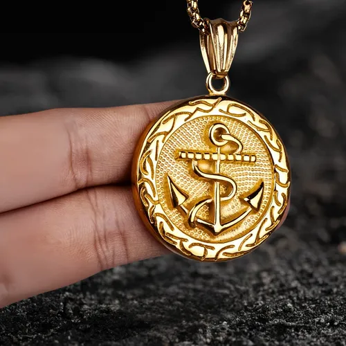 Collar Ancla Militar Marin Color Oro Acero Inoxidable Hombre