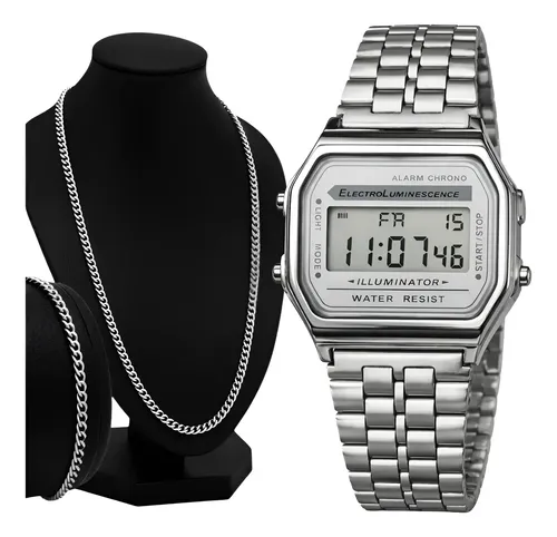Relógio Masculino Casual Quadrado Retrô Kit Cordão Pulseira Prata