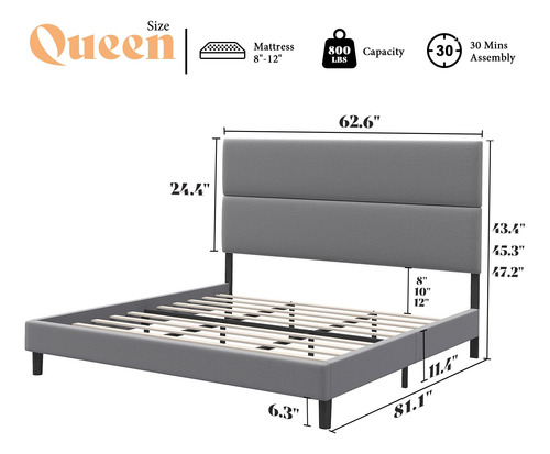 Marco De Cama Queen Con Cabecera Ajustable Tapizado Gris Cla