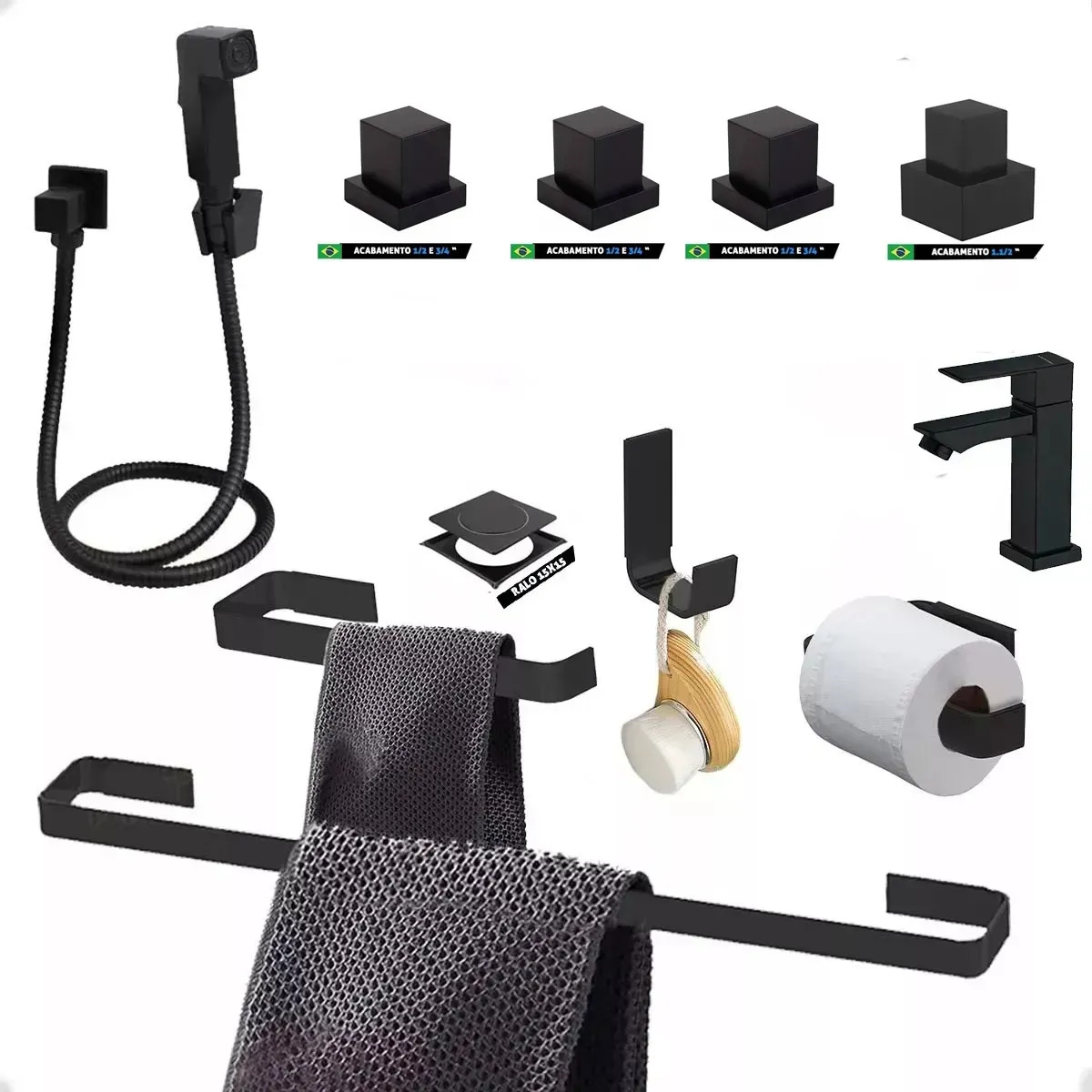 Kit De Acessórios Para Banheiro Preto Ralo E Torneira Preto