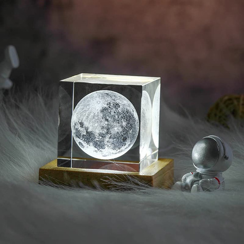 Cubo Cristal Luna 3d Grabado Laser Base Led Lampara Regalo