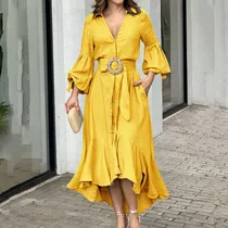 Comprar Cuello V Vestido De Color Liso Con Lazo En La Solapa