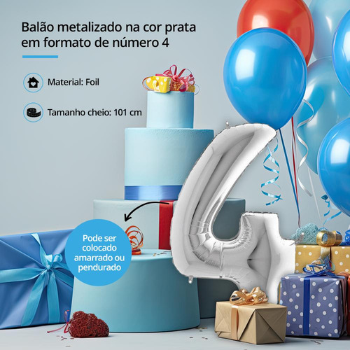 Balão Metalizado Decoração Número 4 Prata 101 Cm Un