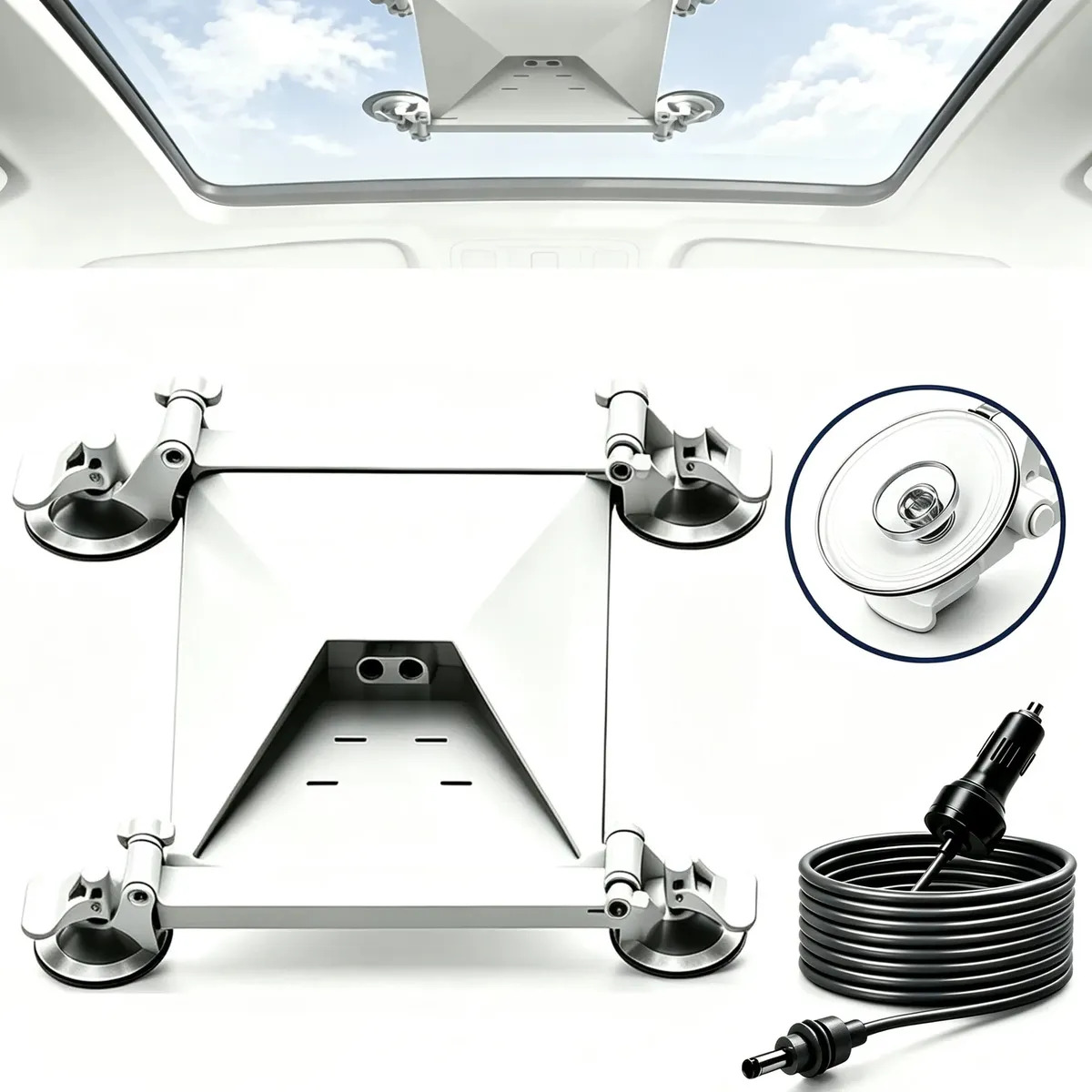 Kit Suporte Veicular Com 4 Ventosas Para Antena Starlink Mini + Cabo Veicular 12V/24V 2m Para Vidro E Teto Solar, Tieesa