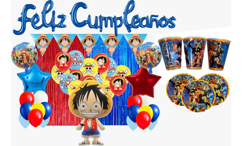 One Piece Luffy Globos, 20 Vasos, Platos