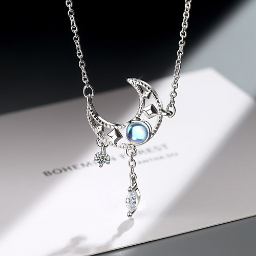 Imagen 2 de 10 de Collar Luna Plata 925 Cristal Azul Con Zirconias Colgantes