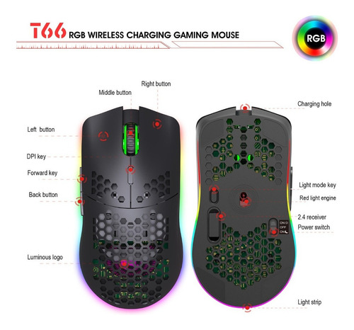 Ratón Inalámbrico Para Juegos Hxsj T66 Rgb 2.4g Con Iluminac