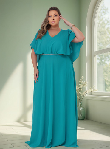 Vestido Plus Size Com Cintinho Strass Na Cintura E Bojo Capa