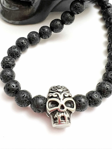 Collar De Piedras Volcánicas De Hombre Y Calavera De Acer 