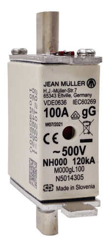 Fusible Nh, Gg, Tamño000, 100 A, 500 V. Jean Muller N5014305