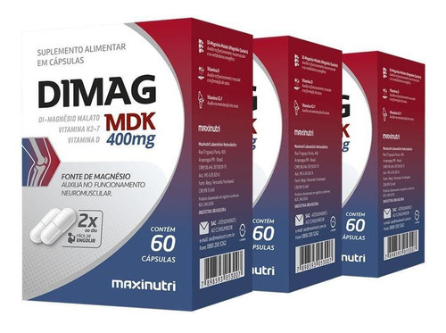 Kit 3 Dimag Mdk Di-magnésio Malato K2-7 60 Cáps Maxinutri