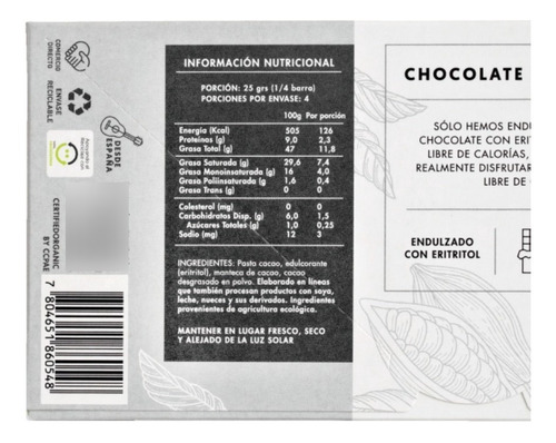 Imagen 4 de 6 de Chocolate 79% Cacao Organico 100 Gr / Sin Azucar / Manare