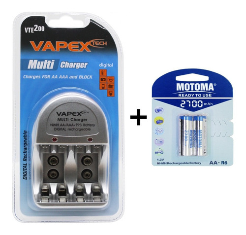 Combo Cargador Vapex Vte-200 + 2 X Pilas Motoma Aa 2700 Mah 