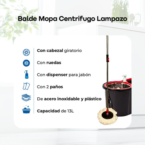 Mopa Lampazo Escurridor Balde Centrifugado Limpieza Piso Negro