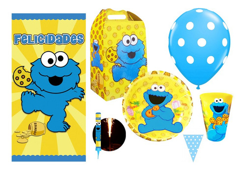 Cookie Monster Come Galletas Kit 30 Niños Vasos Platos 