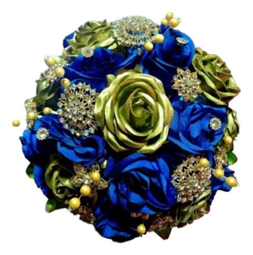 Ramo Artificial De Rosas Xv Dorado/azul Rey Azul