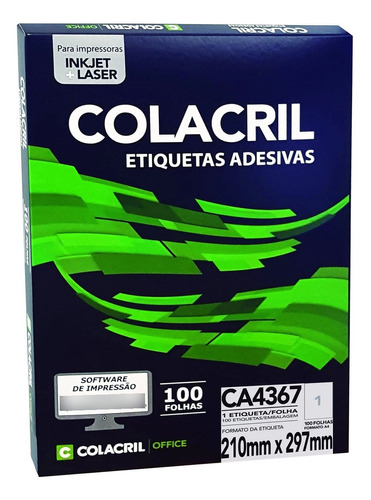 Etiqueta Impressora A4 210 X 297mm 100 Fl Ca4367 Colacril