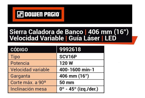 Sierra Caladora Banco 406 Mm 120 W Dowen Pagio 9992618