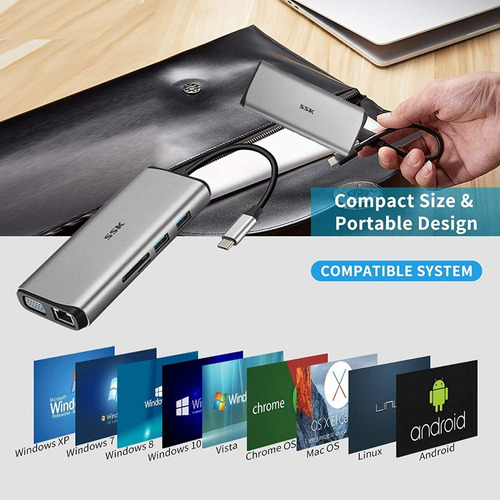 Imagen 6 de 6 de Adaptador Usb-c - 4 Usb + Hdmi + Red + Vga+ Sd + Msd + Pd