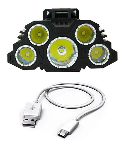 Linterna frontal USB 5 LED recargable de largo alcance, color de la linterna: negro, color de la luz: blanco