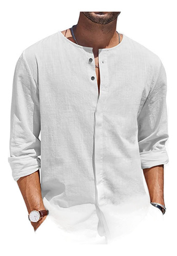 Camisa De Lino De Manga Larga Con Cuello Abotonado, Casual,