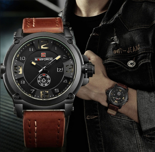 Relógio Naviforce 9099 Prova D'água Masculino Esportivo Militar Pulseira De Couro